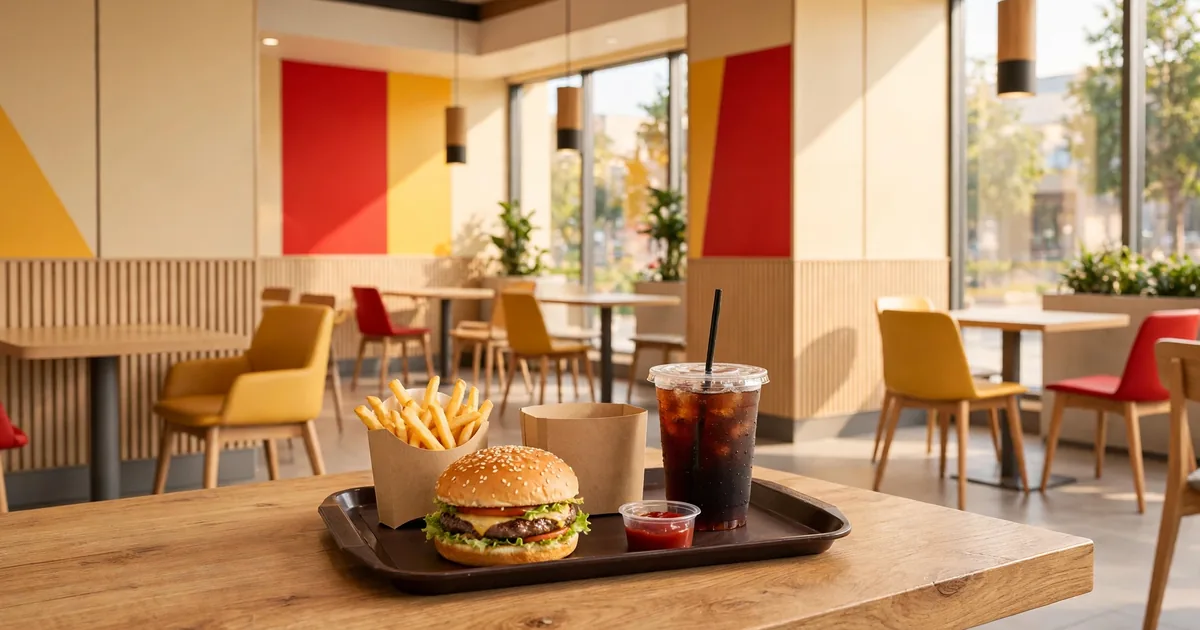 McDonald's étterem belseje – tálca burger menüvel, kalória táblázat 2026