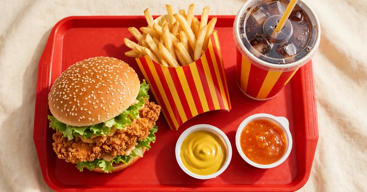 McMoment akciók 2026 – McMenü jellegű összeállítás tálcán, burger sült burgonyával és üdítővel