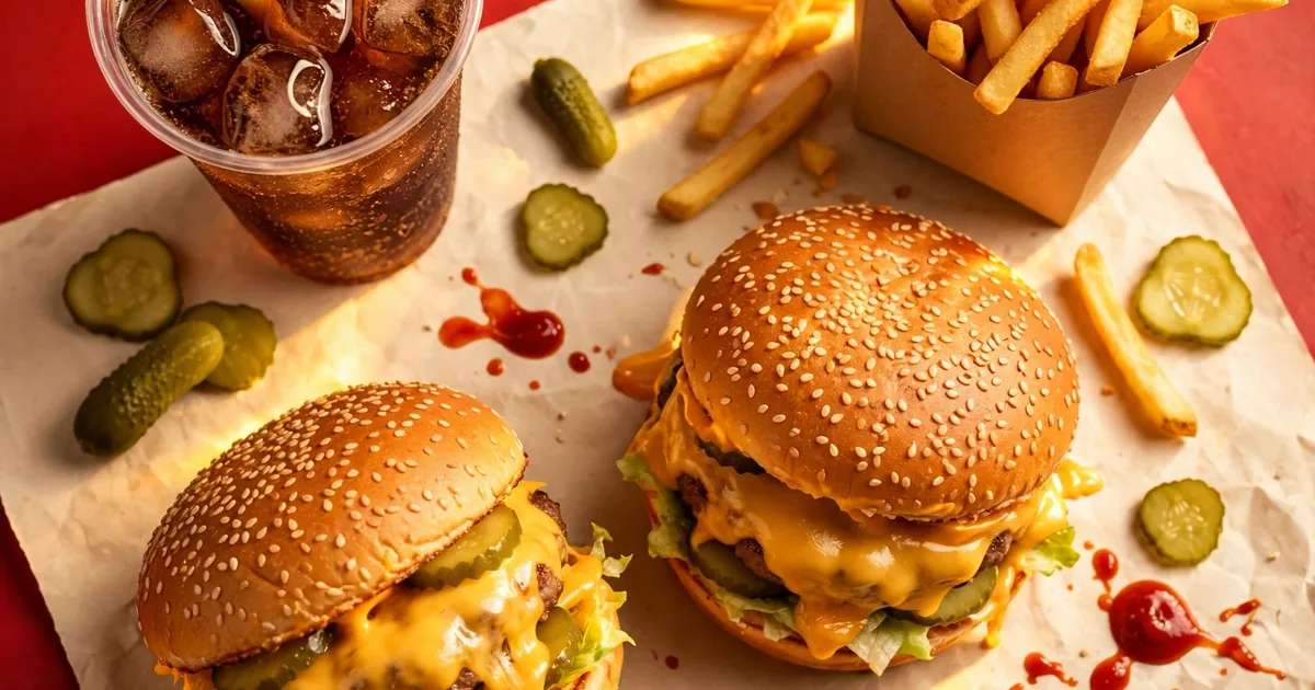 Sajtburger menü árak 2026 – burger, burgonya és ital tálcán