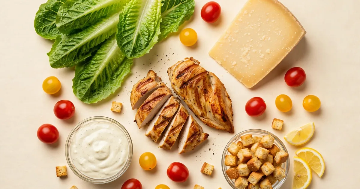Cézár saláta hozzávalók felülnézetben – római saláta, grillezett csirke, parmezán és kruton 2026