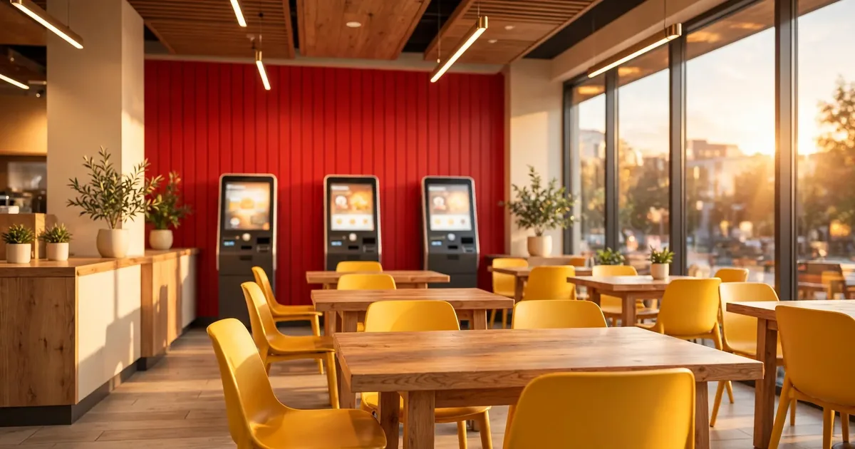 Modern McDonald's étterem belső tere önkiszolgáló kioszkkal 2026