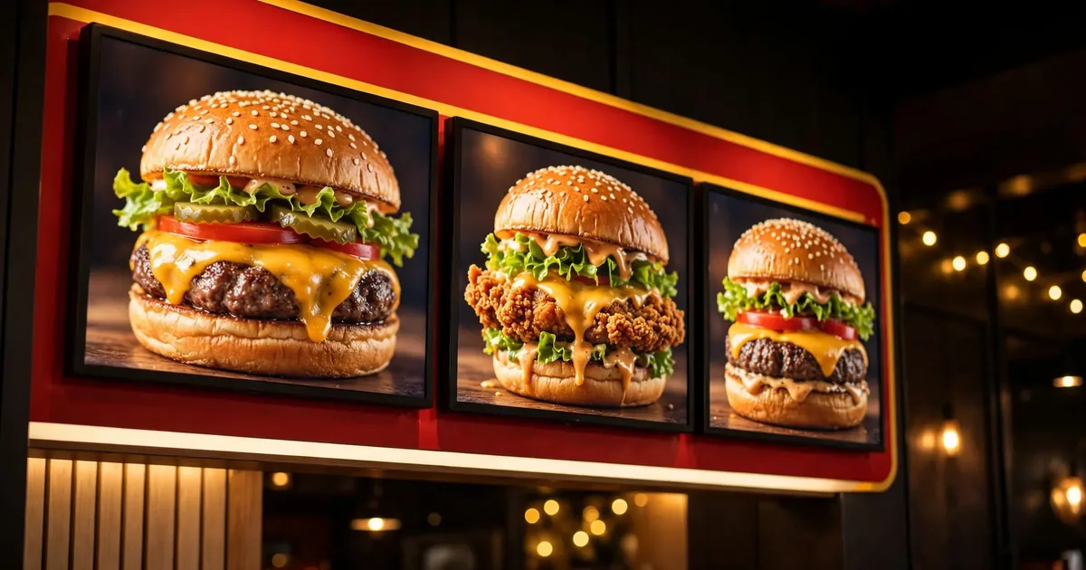 McDonald's étlap kijelző burger kínálattal az étteremben 2026
