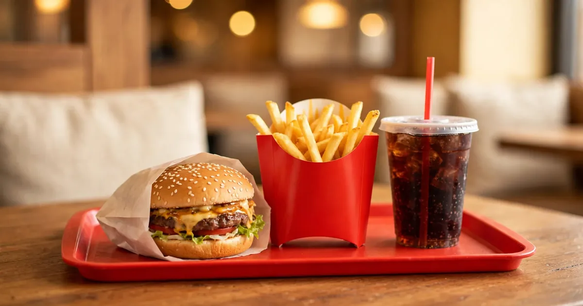 Gluténmentes McDonald's burger tálcán sült burgonyával és üdítővel 2026