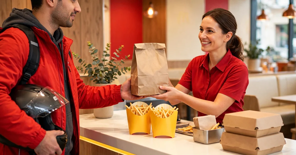 McDonald's házhozszállítás – futár átveszi a rendelést az étterem pultjánál